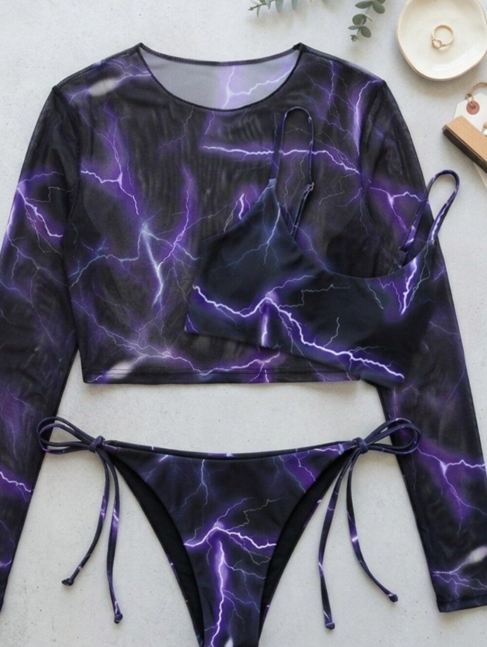 [[Unbranded]] Purple Lightning 3pc Mesh Bikini Set